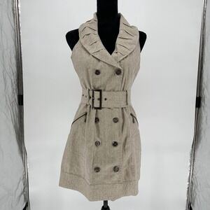 Y2K Leshop Beige Flax Cotton Double Breasted Belt Blazer Vest Mini Short Dress S